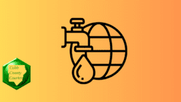 A logo with a faucet and drip of water against a line drawing of Earth