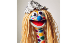 A polka-dotted sock puppet with a tinfoil hat and long blonde hair