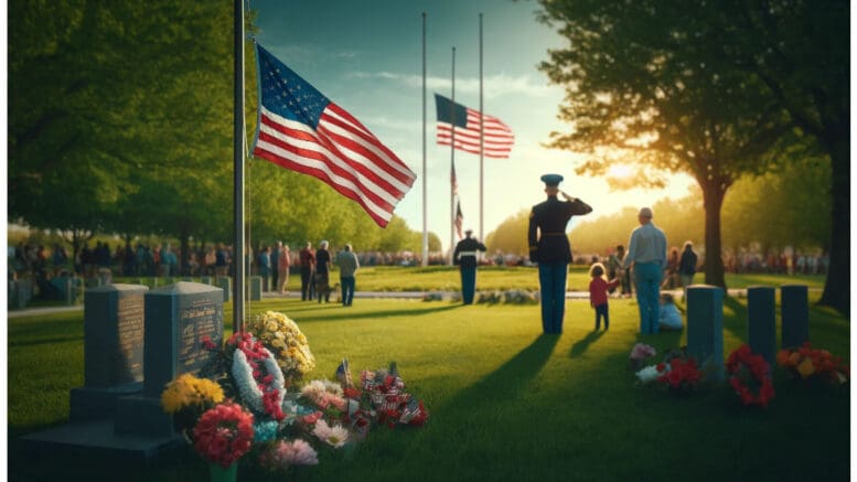 A soldier in a dress uniform saluting a flag in a cemetery