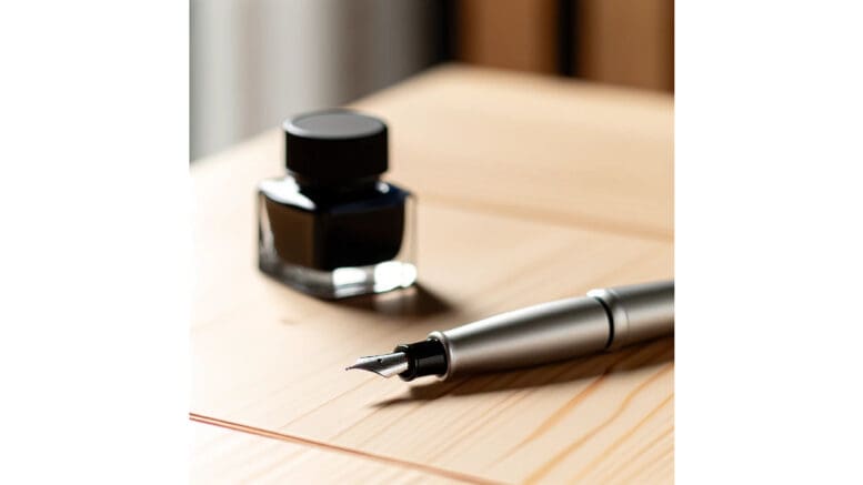 A silver fountain pen on a birch desk with an ink bottle alongside