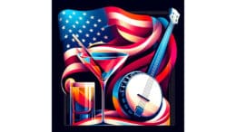 A graphic with a flag, a cocktail glass and a banjo