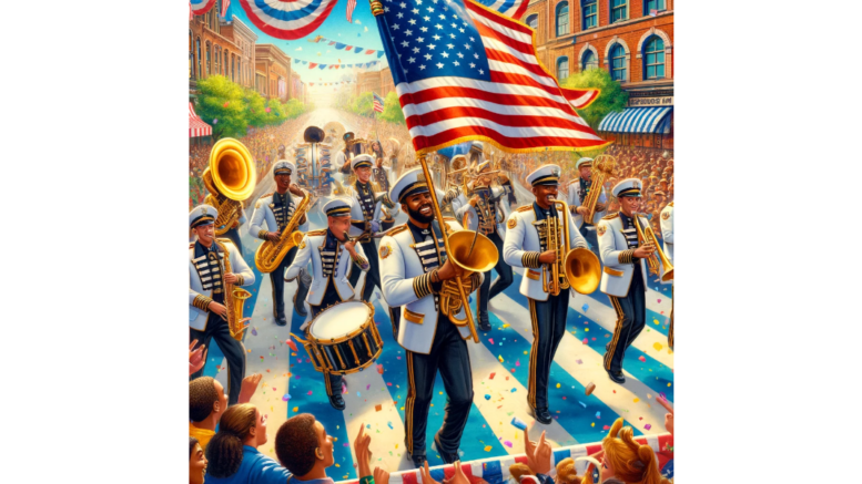 A diverse group of band members marching in a parade, an American flag unfurled above them