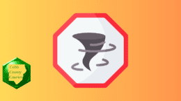 A hexagonal warning symbol with a drawing of a tornado at the center