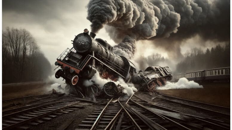 An AI-generated graphic of a wreck involving a steam locomotive