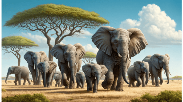 A herd of African elephants on a Savannah