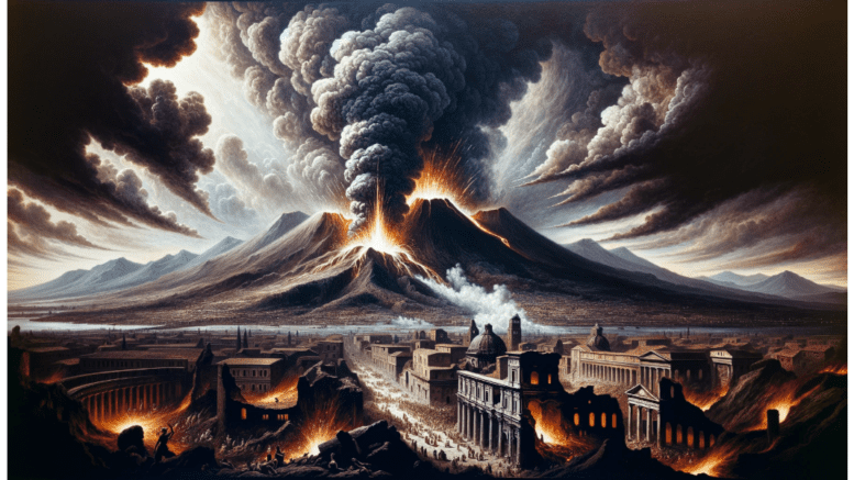 Mt. Vesuvius erupting doing catastrophic damage to Pompeii, the Greek city below