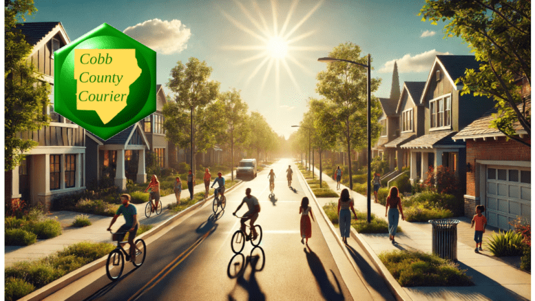 The sun beats down on a group of people cycling and walking on a suburban stree