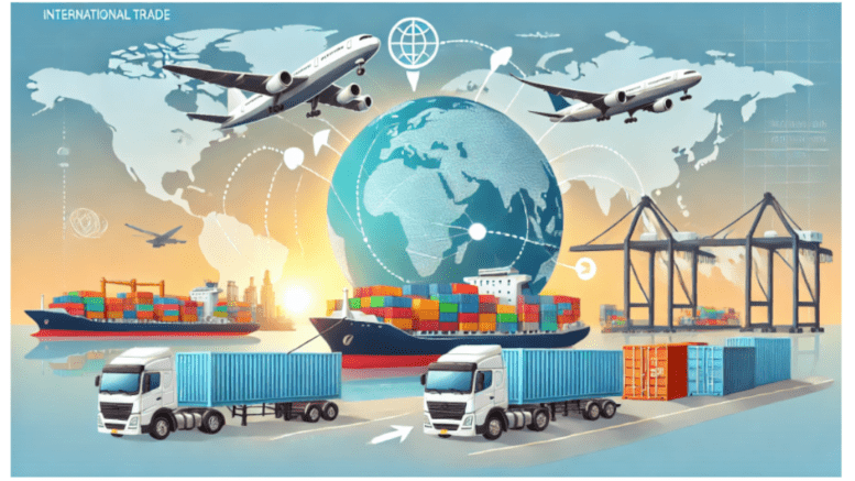 An image of a globe surrounded by various forms of shipping: air, truck, ship