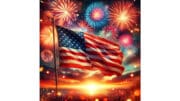 An American flag with fireworks in the background