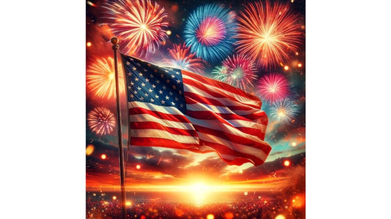 An American flag with fireworks in the background