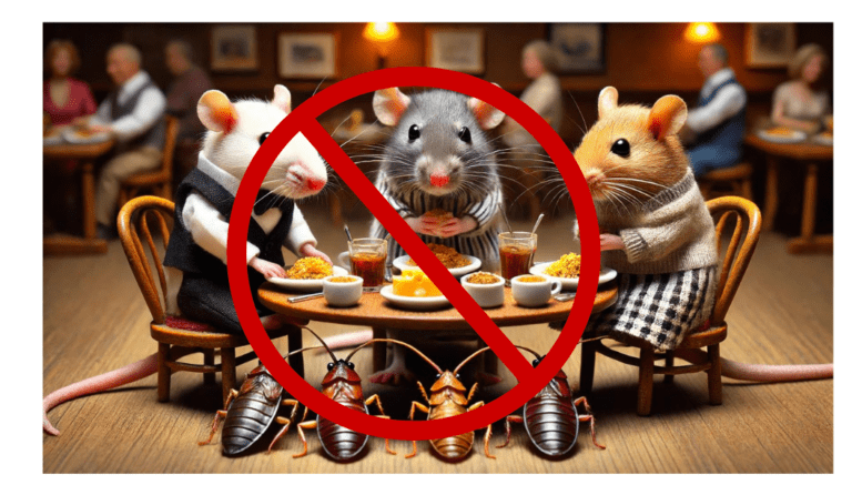 AI-generated image of cartoonish rats and roaches seated at a restaurant table