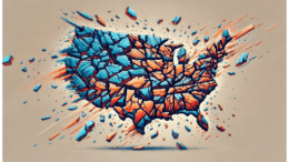 A U.S. map breaking into red and blue fragments