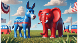 Cartoon-like image of a Democratic Donkey alongside a GOP Elephant