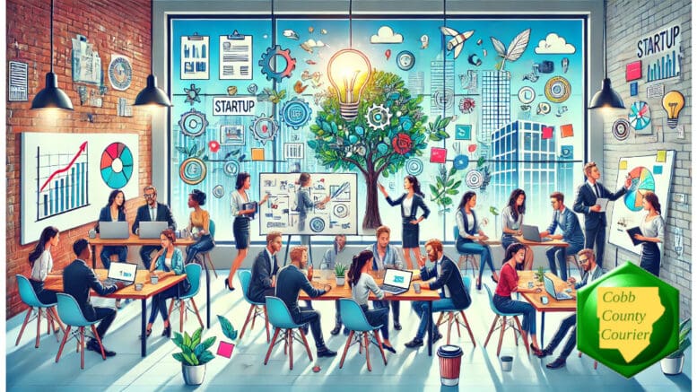 A large group of entrepreneurs in a modern office