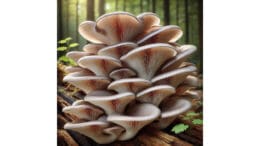 An AI-generated image of a cluster of oyster mushrooms in a wooded area- created with DALL-E from ChatGPT