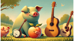 A cartoon image of pigs, a peach with a pig snout, and guitars and a banjo