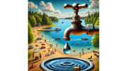 An AI-generated image of a faucet superimposed on a recreational lake