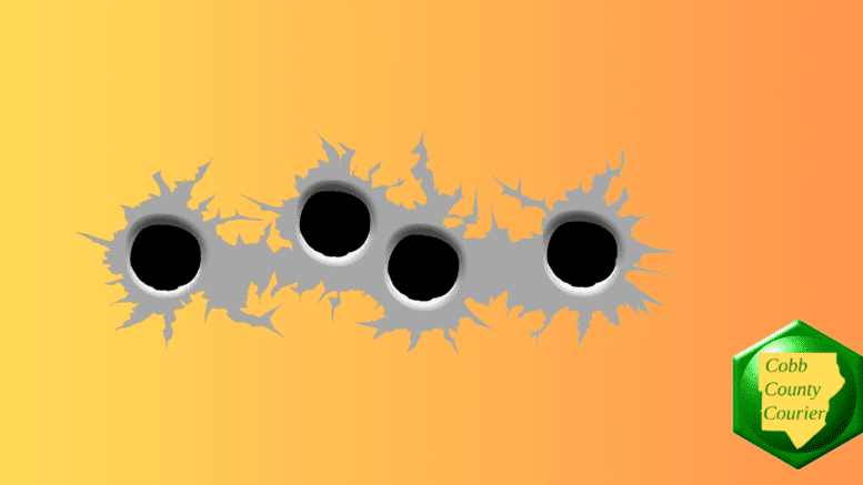 Drawing of a row of four gunshot holes in a surface