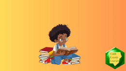 A child sits reading, surrounded by stacks of books