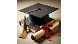 Image of a graduation mortarboard, a rolled diploma and a book