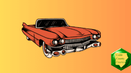 A drawing of a red 1960s-era big finned car with a lot of front chrome