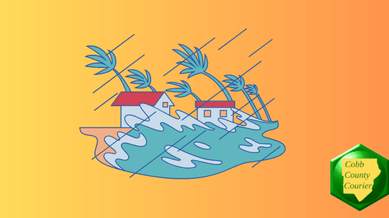 Drawing of houses and water with hurricanes winds