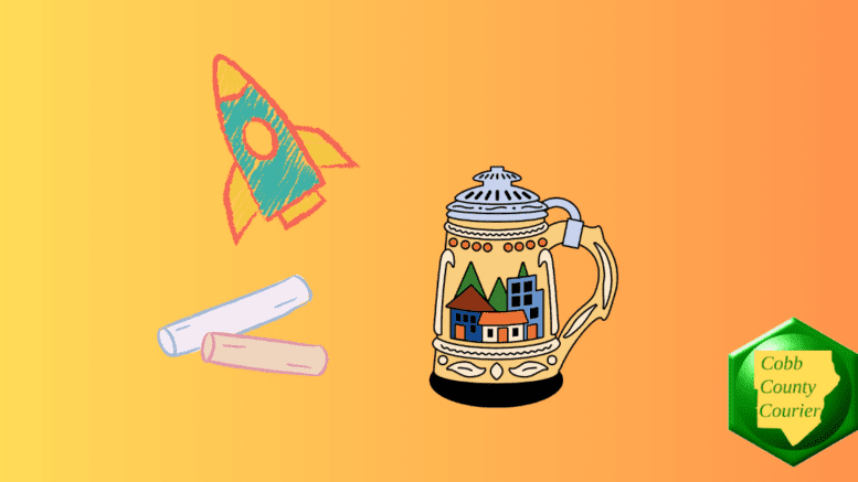 Drawings of a chalk art rocket, chalk and an elaborated beer stein with a hinged lid and image of a small town